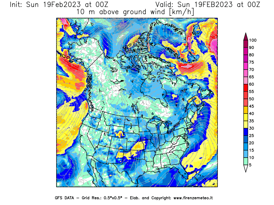 Mappa di analisi GFS - Velocità del vento a 10 metri dal suolo [km/h] in Nord-America
							del 19/02/2023 00 <!--googleoff: index-->UTC<!--googleon: index-->