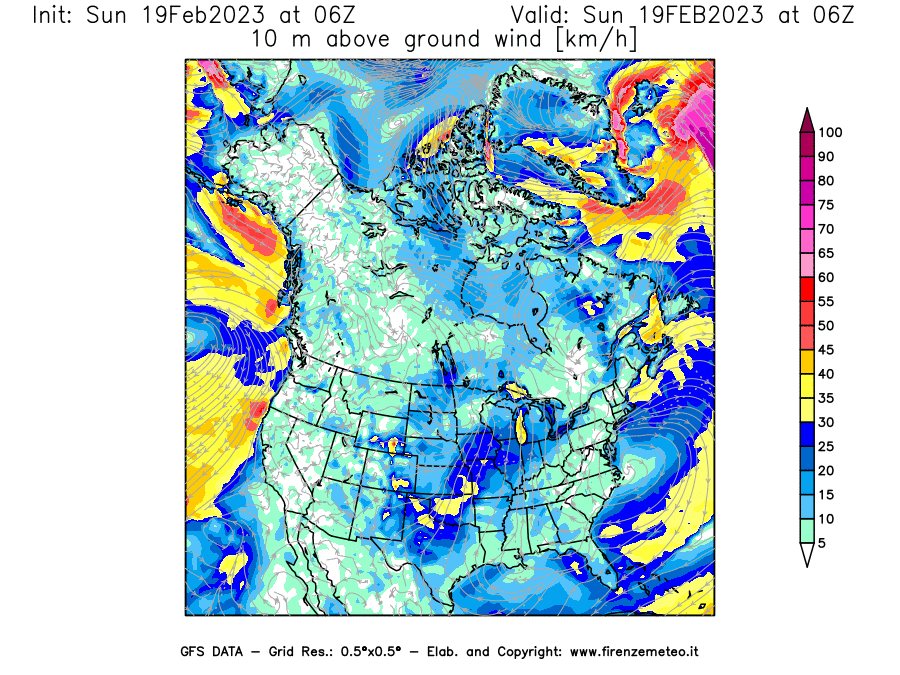Mappa di analisi GFS - Velocità del vento a 10 metri dal suolo [km/h] in Nord-America
							del 19/02/2023 06 <!--googleoff: index-->UTC<!--googleon: index-->