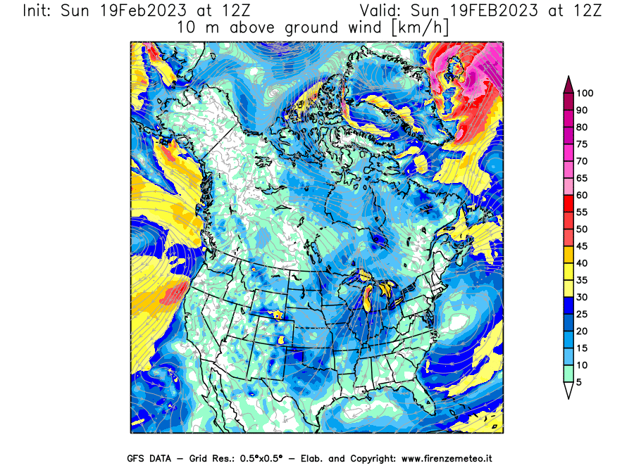Mappa di analisi GFS - Velocità del vento a 10 metri dal suolo [km/h] in Nord-America
							del 19/02/2023 12 <!--googleoff: index-->UTC<!--googleon: index-->