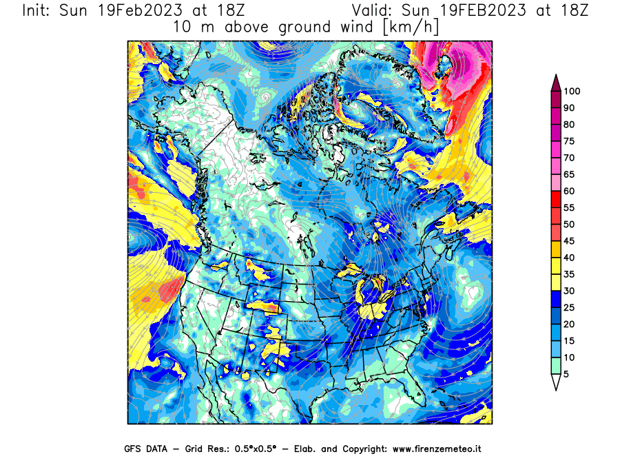 Mappa di analisi GFS - Velocità del vento a 10 metri dal suolo [km/h] in Nord-America
							del 19/02/2023 18 <!--googleoff: index-->UTC<!--googleon: index-->