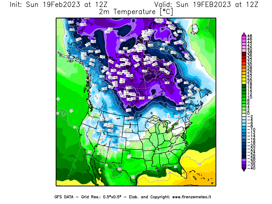 Mappa di analisi GFS - Temperatura a 2 metri dal suolo [°C] in Nord-America
							del 19/02/2023 12 <!--googleoff: index-->UTC<!--googleon: index-->
