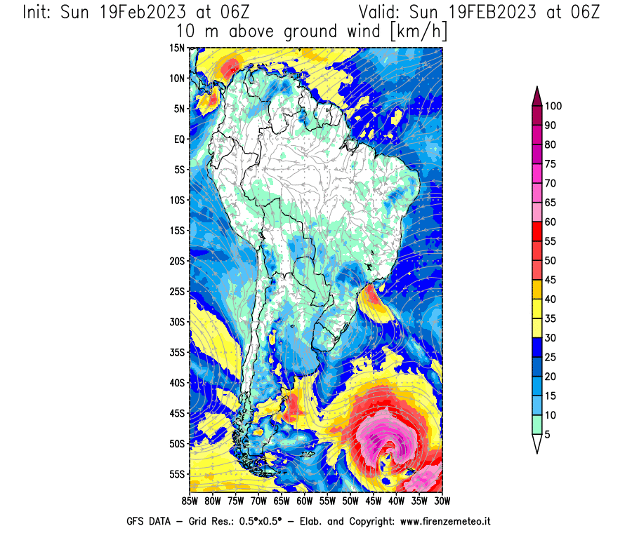 Mappa di analisi GFS - Velocità del vento a 10 metri dal suolo [km/h] in Sud-America
							del 19/02/2023 06 <!--googleoff: index-->UTC<!--googleon: index-->
