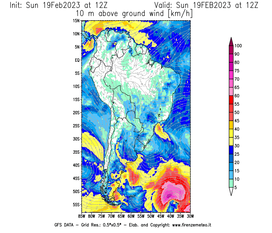 Mappa di analisi GFS - Velocità del vento a 10 metri dal suolo [km/h] in Sud-America
							del 19/02/2023 12 <!--googleoff: index-->UTC<!--googleon: index-->