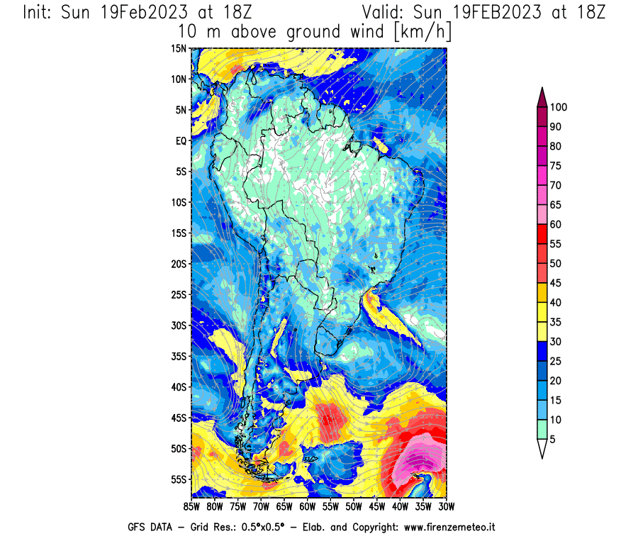 Mappa di analisi GFS - Velocità del vento a 10 metri dal suolo [km/h] in Sud-America
							del 19/02/2023 18 <!--googleoff: index-->UTC<!--googleon: index-->
