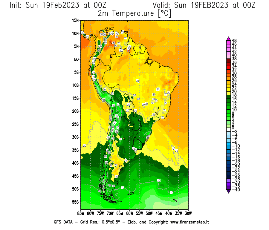 Mappa di analisi GFS - Temperatura a 2 metri dal suolo [°C] in Sud-America
							del 19/02/2023 00 <!--googleoff: index-->UTC<!--googleon: index-->