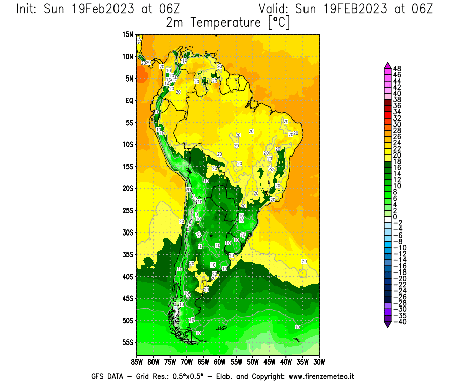 Mappa di analisi GFS - Temperatura a 2 metri dal suolo [°C] in Sud-America
							del 19/02/2023 06 <!--googleoff: index-->UTC<!--googleon: index-->