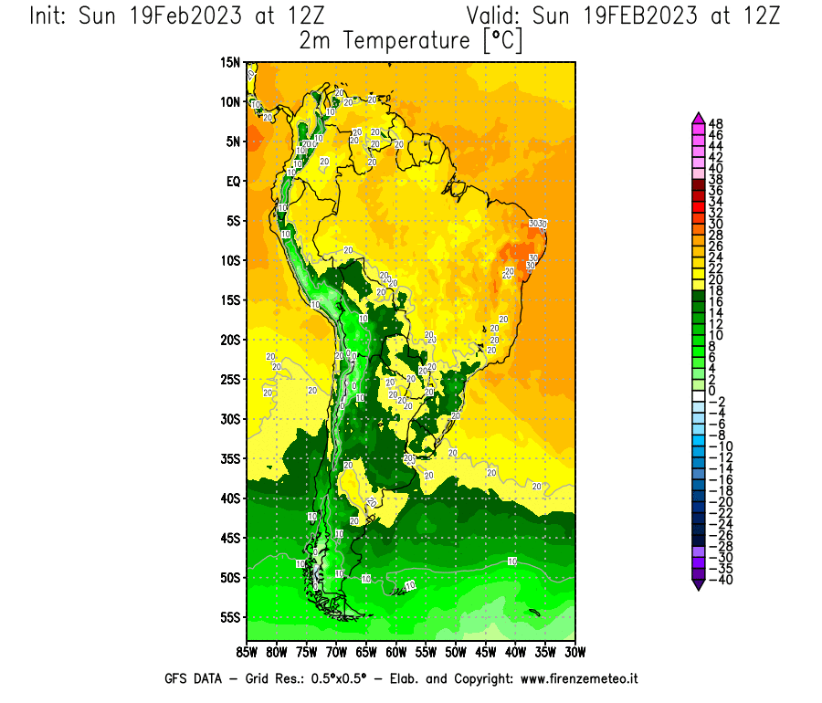 Mappa di analisi GFS - Temperatura a 2 metri dal suolo [°C] in Sud-America
							del 19/02/2023 12 <!--googleoff: index-->UTC<!--googleon: index-->