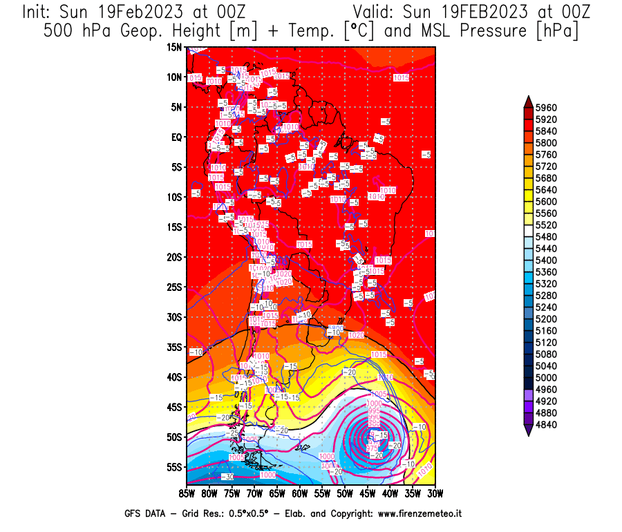Mappa di analisi GFS - Geopotenziale [m] + Temp. [°C] a 500 hPa + Press. a livello del mare [hPa] in Sud-America
							del 19/02/2023 00 <!--googleoff: index-->UTC<!--googleon: index-->