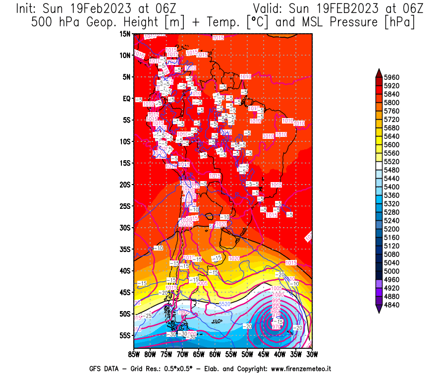 Mappa di analisi GFS - Geopotenziale [m] + Temp. [°C] a 500 hPa + Press. a livello del mare [hPa] in Sud-America
							del 19/02/2023 06 <!--googleoff: index-->UTC<!--googleon: index-->