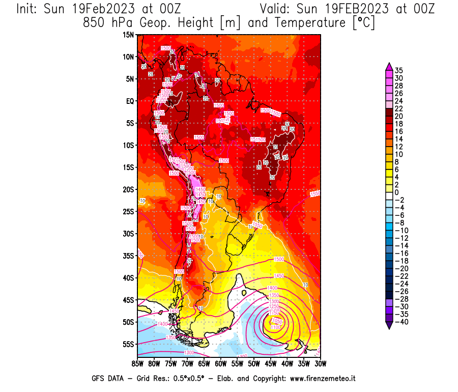 Mappa di analisi GFS - Geopotenziale [m] e Temperatura [°C] a 850 hPa in Sud-America
							del 19/02/2023 00 <!--googleoff: index-->UTC<!--googleon: index-->