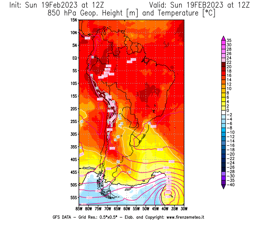 Mappa di analisi GFS - Geopotenziale [m] e Temperatura [°C] a 850 hPa in Sud-America
							del 19/02/2023 12 <!--googleoff: index-->UTC<!--googleon: index-->
