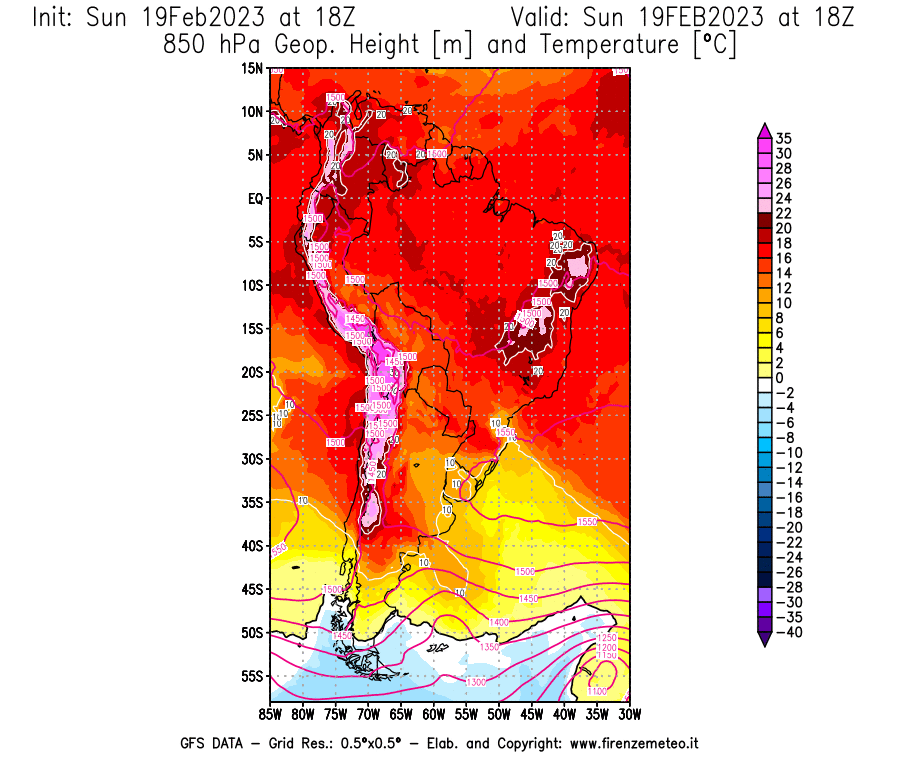 Mappa di analisi GFS - Geopotenziale [m] e Temperatura [°C] a 850 hPa in Sud-America
							del 19/02/2023 18 <!--googleoff: index-->UTC<!--googleon: index-->