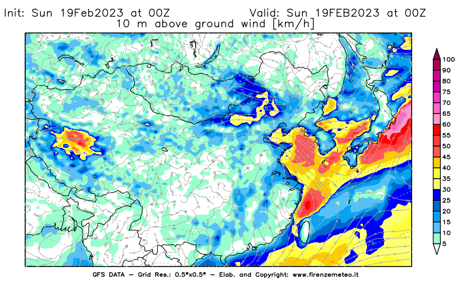 Mappa di analisi GFS - Velocità del vento a 10 metri dal suolo [km/h] in Asia Orientale
							del 19/02/2023 00 <!--googleoff: index-->UTC<!--googleon: index-->