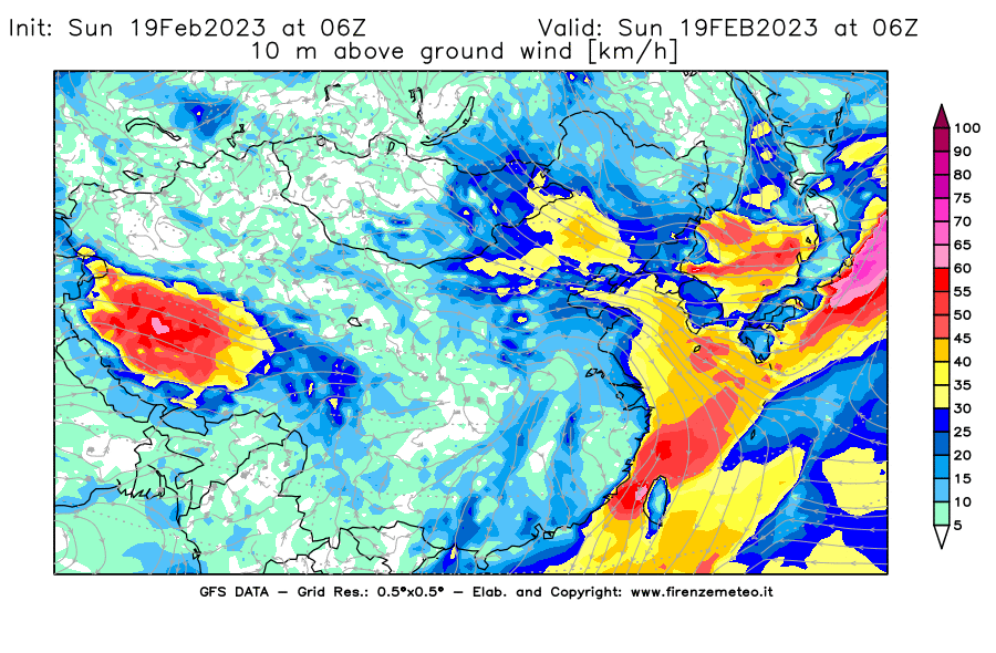 Mappa di analisi GFS - Velocità del vento a 10 metri dal suolo [km/h] in Asia Orientale
							del 19/02/2023 06 <!--googleoff: index-->UTC<!--googleon: index-->