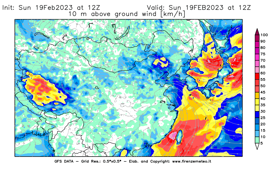 Mappa di analisi GFS - Velocità del vento a 10 metri dal suolo [km/h] in Asia Orientale
							del 19/02/2023 12 <!--googleoff: index-->UTC<!--googleon: index-->