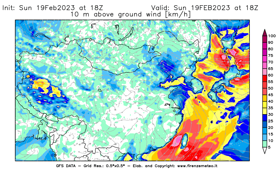 Mappa di analisi GFS - Velocità del vento a 10 metri dal suolo [km/h] in Asia Orientale
							del 19/02/2023 18 <!--googleoff: index-->UTC<!--googleon: index-->