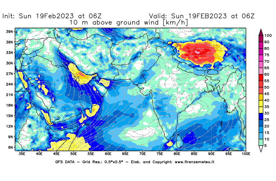 Mappa di analisi GFS - Velocità del vento a 10 metri dal suolo [km/h] in Asia Sud-Occidentale
							del 19/02/2023 06 <!--googleoff: index-->UTC<!--googleon: index-->