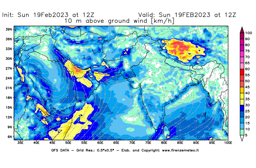 Mappa di analisi GFS - Velocità del vento a 10 metri dal suolo [km/h] in Asia Sud-Occidentale
							del 19/02/2023 12 <!--googleoff: index-->UTC<!--googleon: index-->