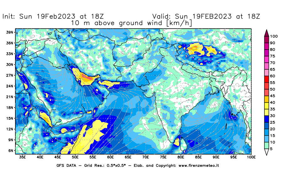 Mappa di analisi GFS - Velocità del vento a 10 metri dal suolo [km/h] in Asia Sud-Occidentale
							del 19/02/2023 18 <!--googleoff: index-->UTC<!--googleon: index-->