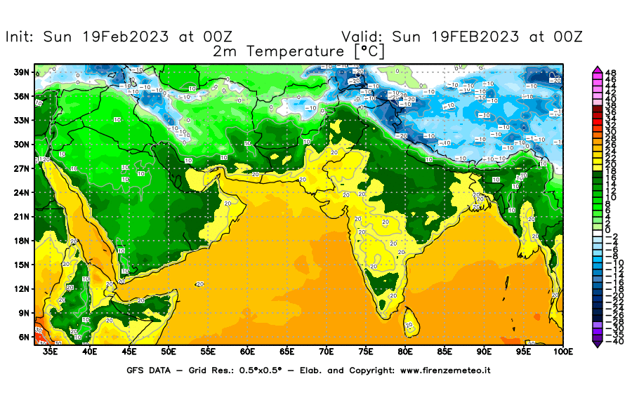 Mappa di analisi GFS - Temperatura a 2 metri dal suolo [°C] in Asia Sud-Occidentale
							del 19/02/2023 00 <!--googleoff: index-->UTC<!--googleon: index-->
