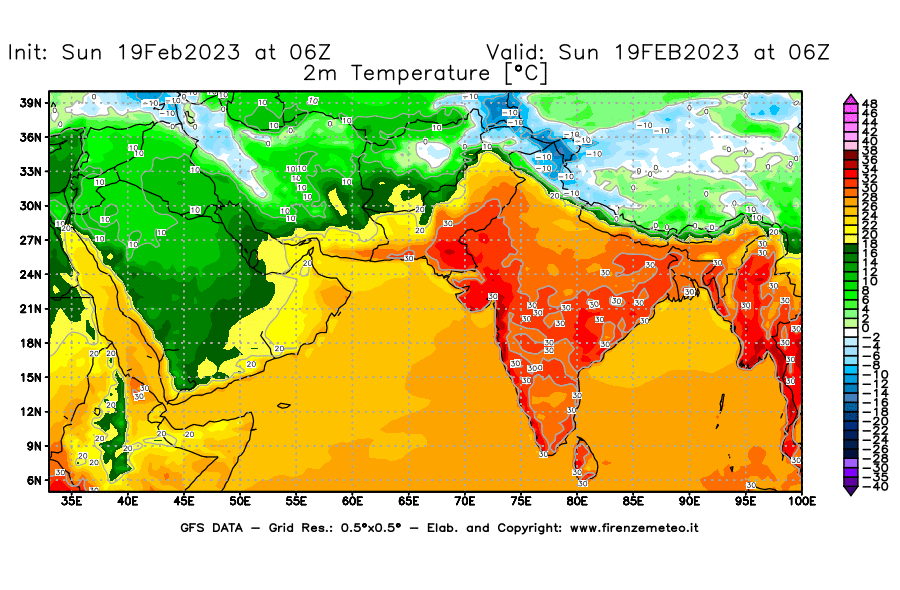 Mappa di analisi GFS - Temperatura a 2 metri dal suolo [°C] in Asia Sud-Occidentale
							del 19/02/2023 06 <!--googleoff: index-->UTC<!--googleon: index-->