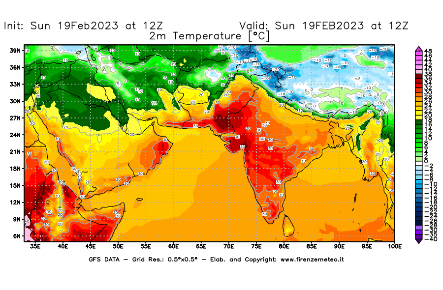 Mappa di analisi GFS - Temperatura a 2 metri dal suolo [°C] in Asia Sud-Occidentale
							del 19/02/2023 12 <!--googleoff: index-->UTC<!--googleon: index-->