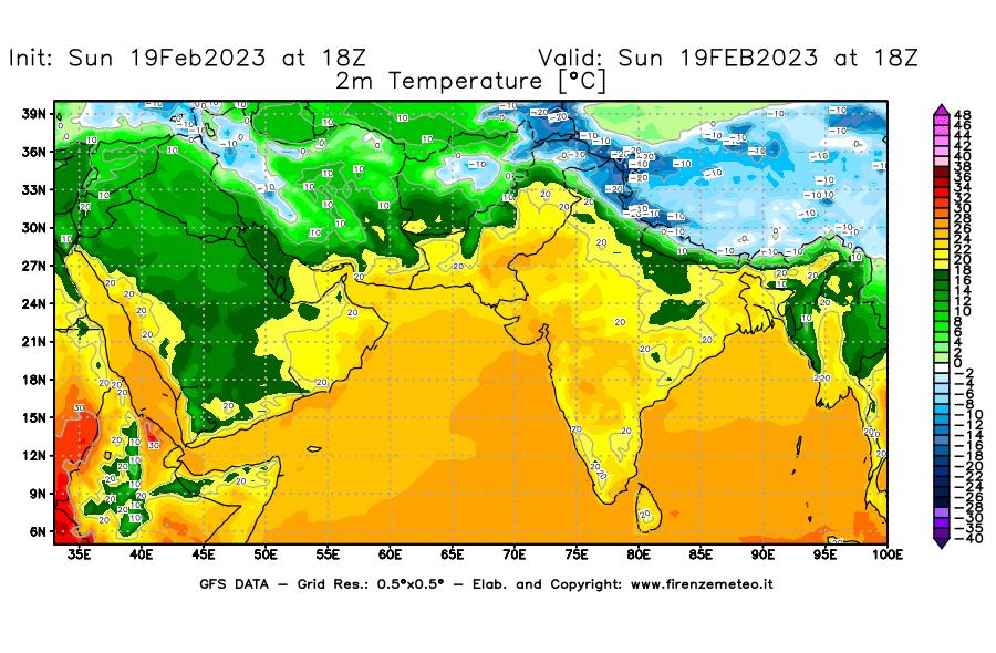 Mappa di analisi GFS - Temperatura a 2 metri dal suolo [°C] in Asia Sud-Occidentale
							del 19/02/2023 18 <!--googleoff: index-->UTC<!--googleon: index-->