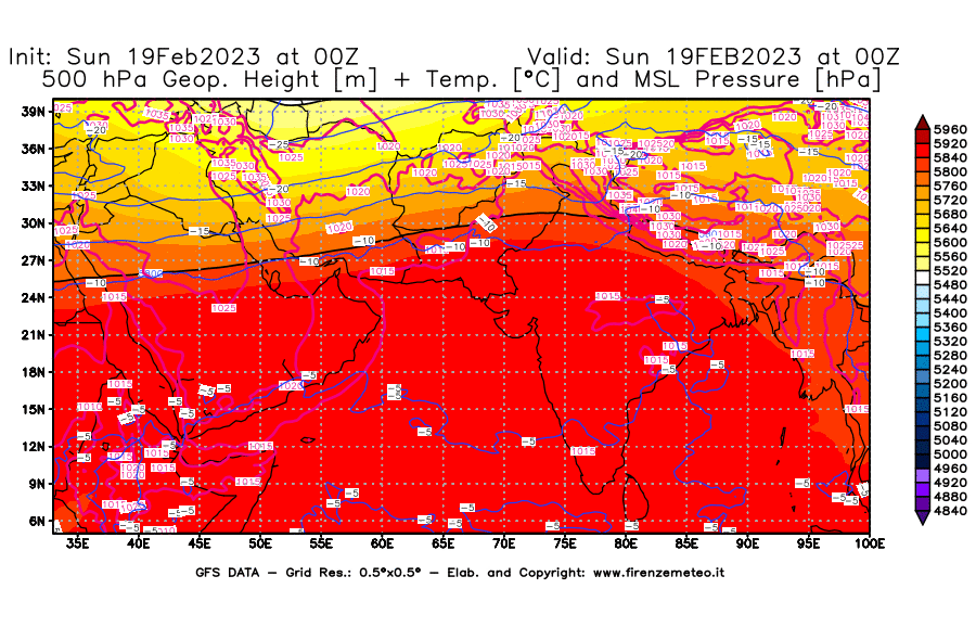 Mappa di analisi GFS - Geopotenziale [m] + Temp. [°C] a 500 hPa + Press. a livello del mare [hPa] in Asia Sud-Occidentale
							del 19/02/2023 00 <!--googleoff: index-->UTC<!--googleon: index-->