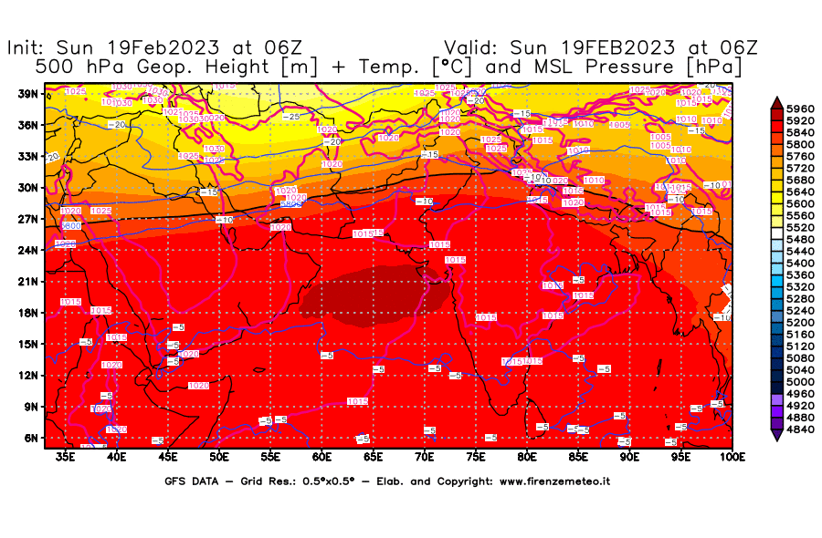 Mappa di analisi GFS - Geopotenziale [m] + Temp. [°C] a 500 hPa + Press. a livello del mare [hPa] in Asia Sud-Occidentale
							del 19/02/2023 06 <!--googleoff: index-->UTC<!--googleon: index-->