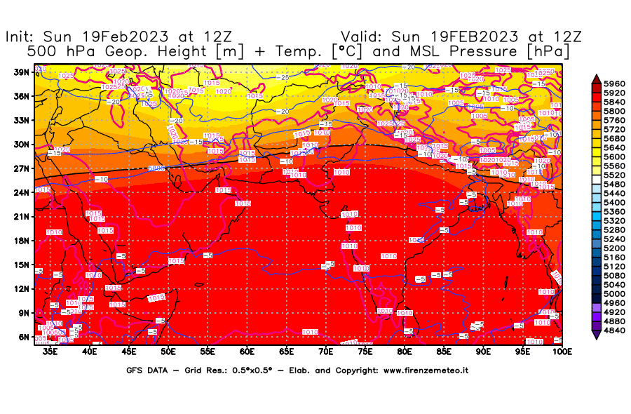 Mappa di analisi GFS - Geopotenziale [m] + Temp. [°C] a 500 hPa + Press. a livello del mare [hPa] in Asia Sud-Occidentale
							del 19/02/2023 12 <!--googleoff: index-->UTC<!--googleon: index-->