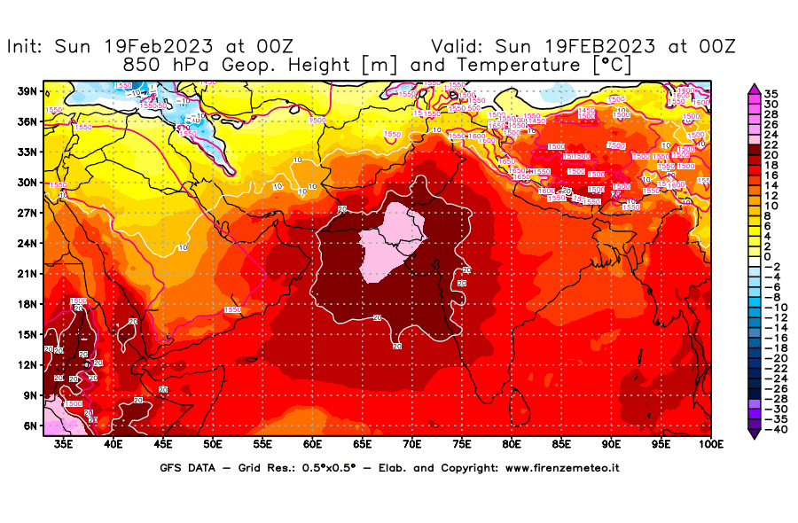 Mappa di analisi GFS - Geopotenziale [m] e Temperatura [°C] a 850 hPa in Asia Sud-Occidentale
							del 19/02/2023 00 <!--googleoff: index-->UTC<!--googleon: index-->