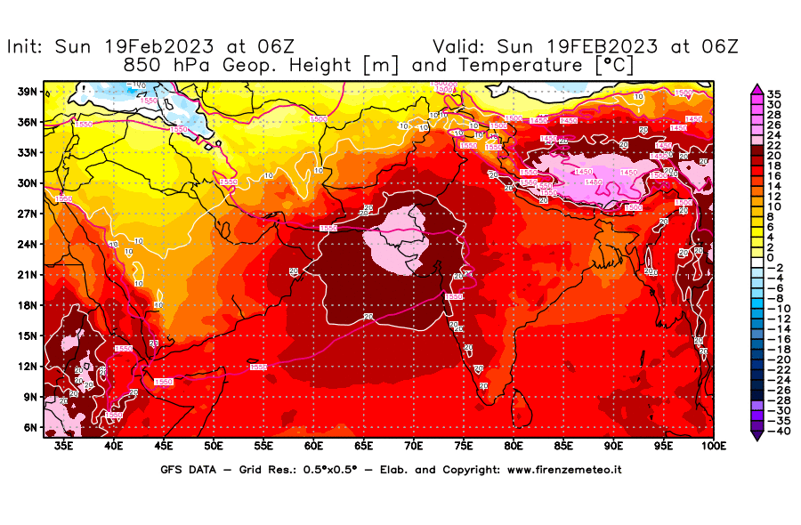 Mappa di analisi GFS - Geopotenziale [m] e Temperatura [°C] a 850 hPa in Asia Sud-Occidentale
							del 19/02/2023 06 <!--googleoff: index-->UTC<!--googleon: index-->