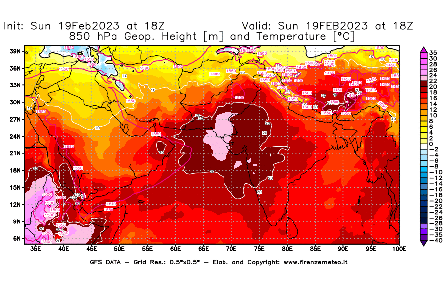 Mappa di analisi GFS - Geopotenziale [m] e Temperatura [°C] a 850 hPa in Asia Sud-Occidentale
							del 19/02/2023 18 <!--googleoff: index-->UTC<!--googleon: index-->