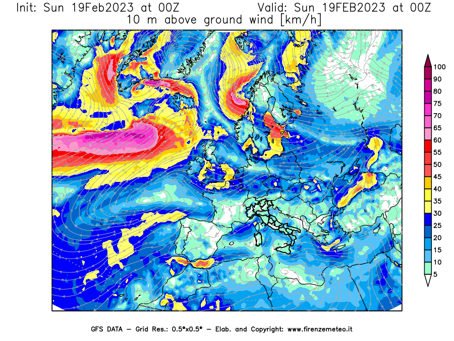 Mappa di analisi GFS - Velocità del vento a 10 metri dal suolo [km/h] in Europa
							del 19/02/2023 00 <!--googleoff: index-->UTC<!--googleon: index-->