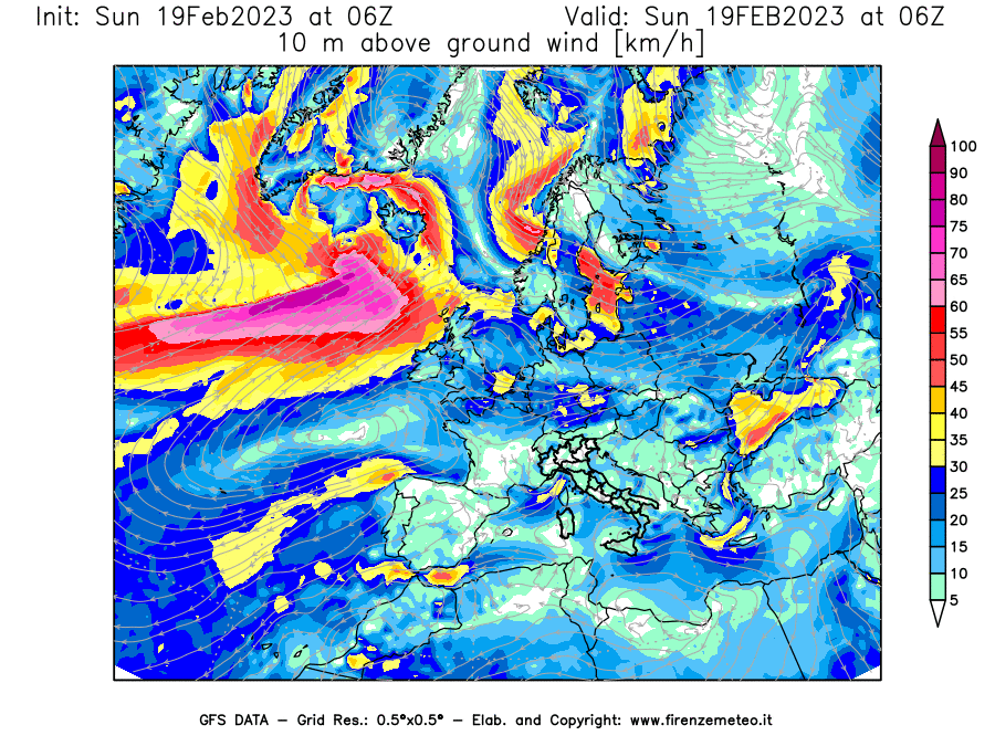 Mappa di analisi GFS - Velocità del vento a 10 metri dal suolo [km/h] in Europa
							del 19/02/2023 06 <!--googleoff: index-->UTC<!--googleon: index-->