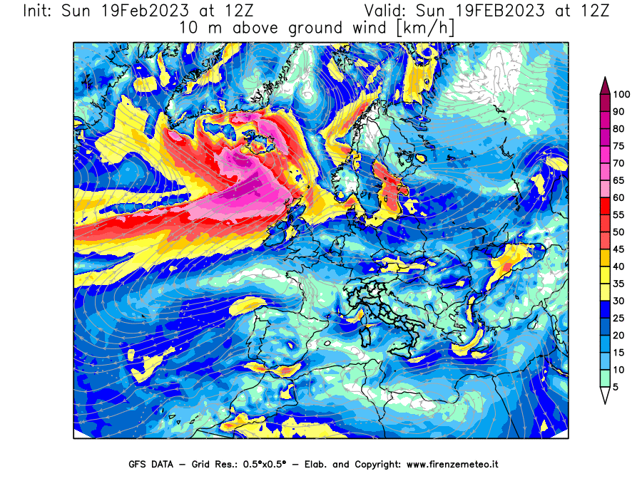 Mappa di analisi GFS - Velocità del vento a 10 metri dal suolo [km/h] in Europa
							del 19/02/2023 12 <!--googleoff: index-->UTC<!--googleon: index-->