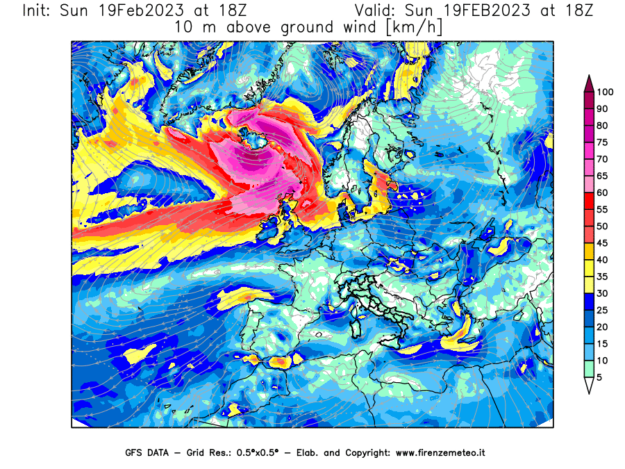 Mappa di analisi GFS - Velocità del vento a 10 metri dal suolo [km/h] in Europa
							del 19/02/2023 18 <!--googleoff: index-->UTC<!--googleon: index-->