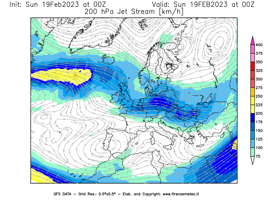 Mappa di analisi GFS - Jet Stream a 200 hPa in Europa
							del 19/02/2023 00 <!--googleoff: index-->UTC<!--googleon: index-->