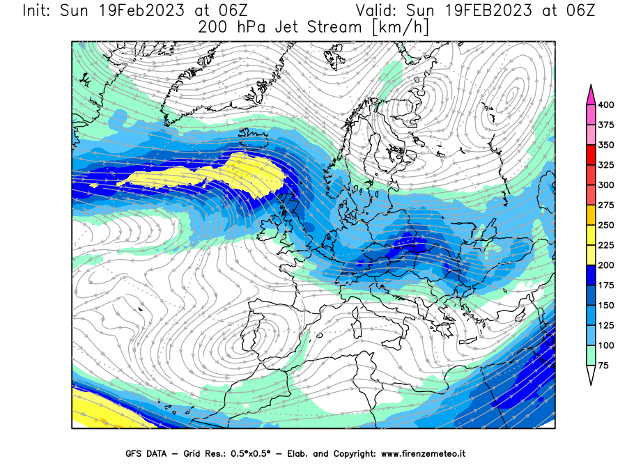 Mappa di analisi GFS - Jet Stream a 200 hPa in Europa
							del 19/02/2023 06 <!--googleoff: index-->UTC<!--googleon: index-->