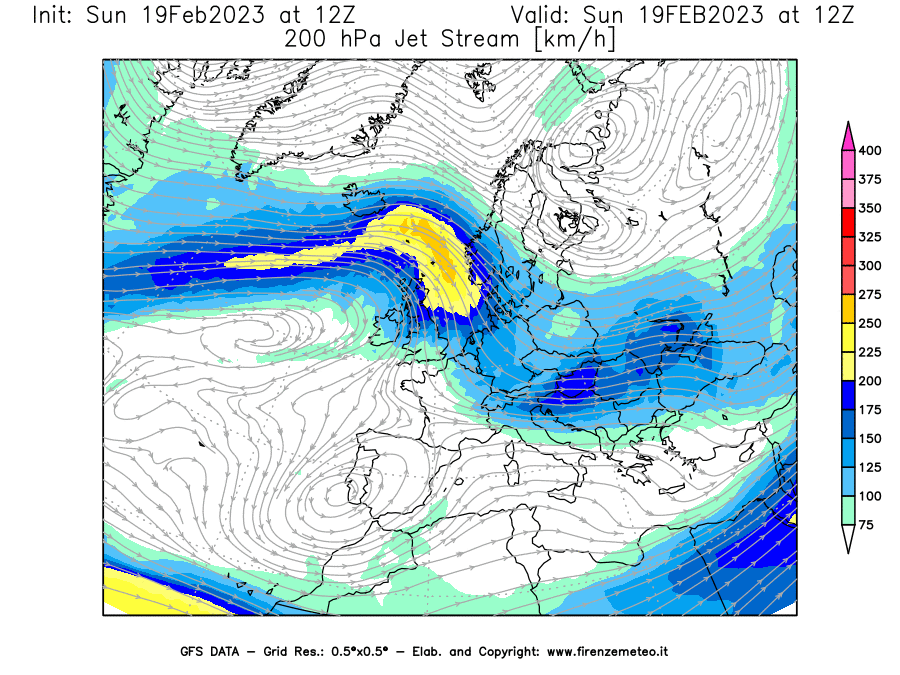 Mappa di analisi GFS - Jet Stream a 200 hPa in Europa
							del 19/02/2023 12 <!--googleoff: index-->UTC<!--googleon: index-->