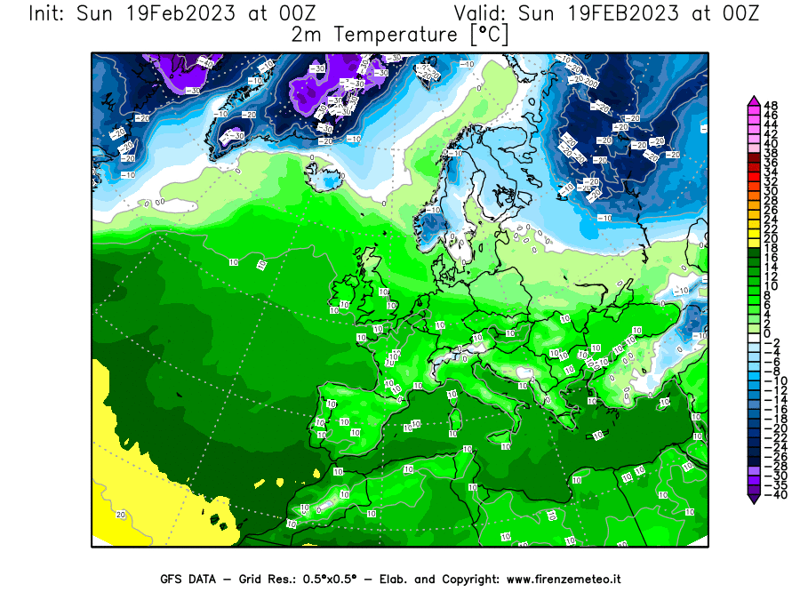 Mappa di analisi GFS - Temperatura a 2 metri dal suolo [°C] in Europa
							del 19/02/2023 00 <!--googleoff: index-->UTC<!--googleon: index-->