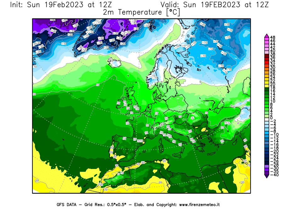 Mappa di analisi GFS - Temperatura a 2 metri dal suolo [°C] in Europa
							del 19/02/2023 12 <!--googleoff: index-->UTC<!--googleon: index-->