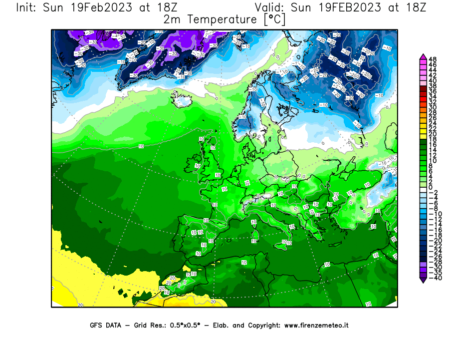 Mappa di analisi GFS - Temperatura a 2 metri dal suolo [°C] in Europa
							del 19/02/2023 18 <!--googleoff: index-->UTC<!--googleon: index-->