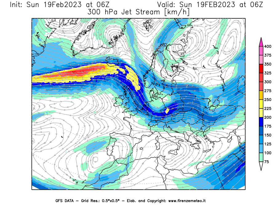 Mappa di analisi GFS - Jet Stream a 300 hPa in Europa
							del 19/02/2023 06 <!--googleoff: index-->UTC<!--googleon: index-->