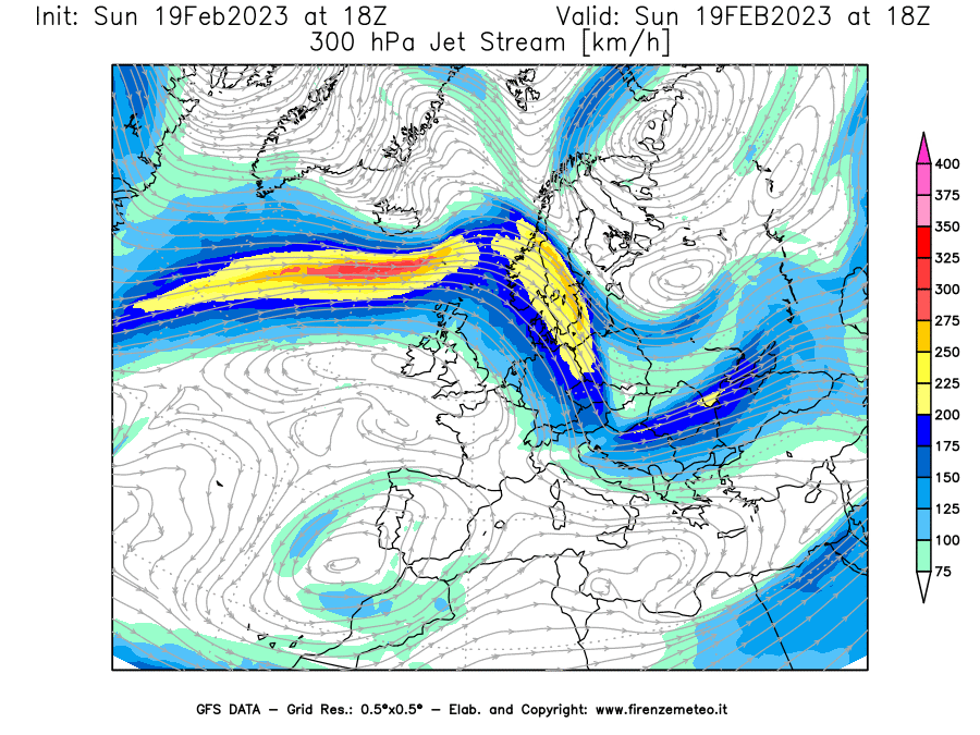 Mappa di analisi GFS - Jet Stream a 300 hPa in Europa
							del 19/02/2023 18 <!--googleoff: index-->UTC<!--googleon: index-->