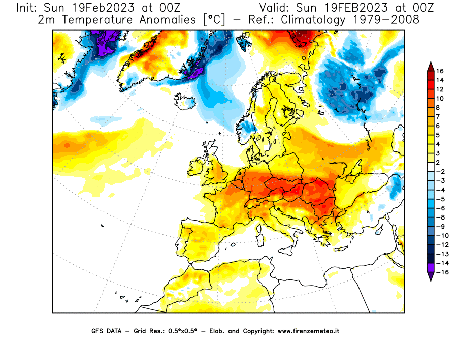 Mappa di analisi GFS - Anomalia Temperatura [°C] a 2 m in Europa
							del 19/02/2023 00 <!--googleoff: index-->UTC<!--googleon: index-->