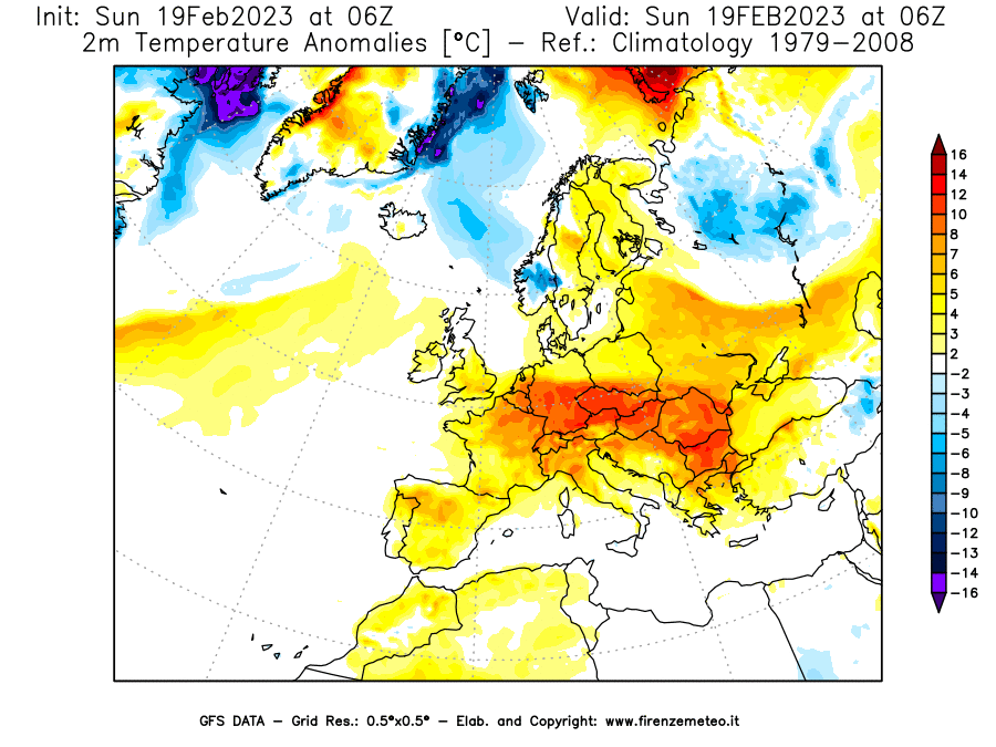 Mappa di analisi GFS - Anomalia Temperatura [°C] a 2 m in Europa
							del 19/02/2023 06 <!--googleoff: index-->UTC<!--googleon: index-->