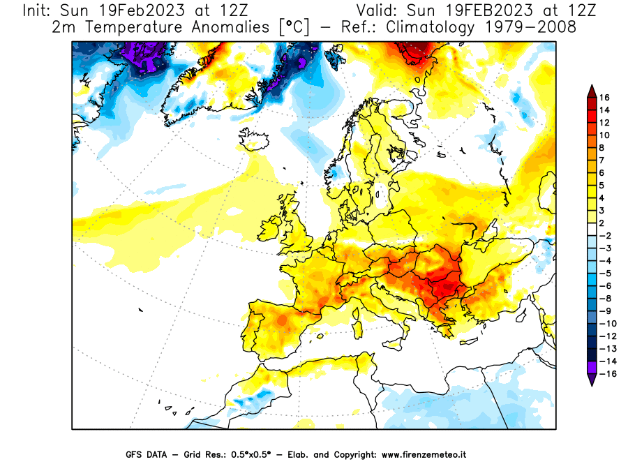 Mappa di analisi GFS - Anomalia Temperatura [°C] a 2 m in Europa
							del 19/02/2023 12 <!--googleoff: index-->UTC<!--googleon: index-->