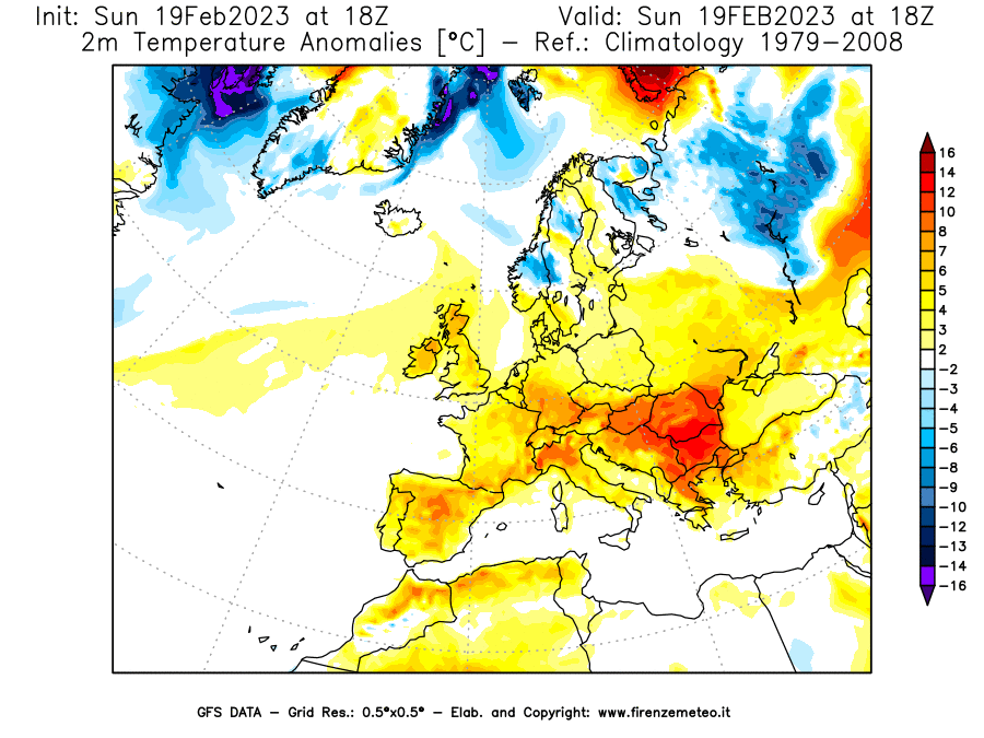 Mappa di analisi GFS - Anomalia Temperatura [°C] a 2 m in Europa
							del 19/02/2023 18 <!--googleoff: index-->UTC<!--googleon: index-->
