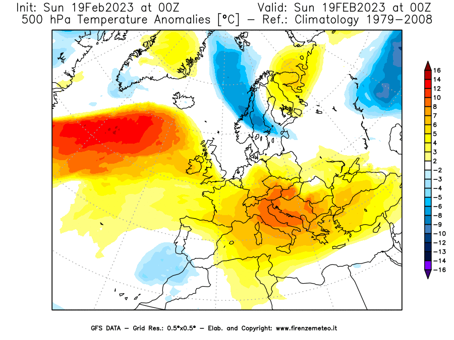 Mappa di analisi GFS - Anomalia Temperatura [°C] a 500 hPa in Europa
							del 19/02/2023 00 <!--googleoff: index-->UTC<!--googleon: index-->